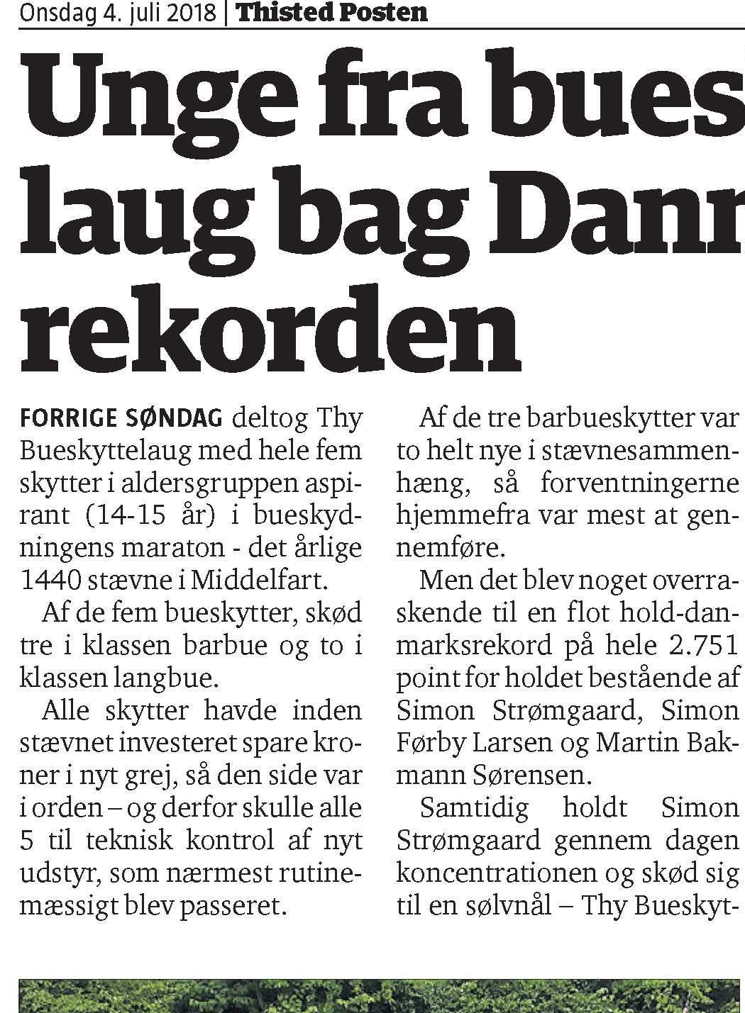 Unge fra Thy Bueskyttelaug bag Danmarksrekorden – Thisted Posten d. 4/7-2018