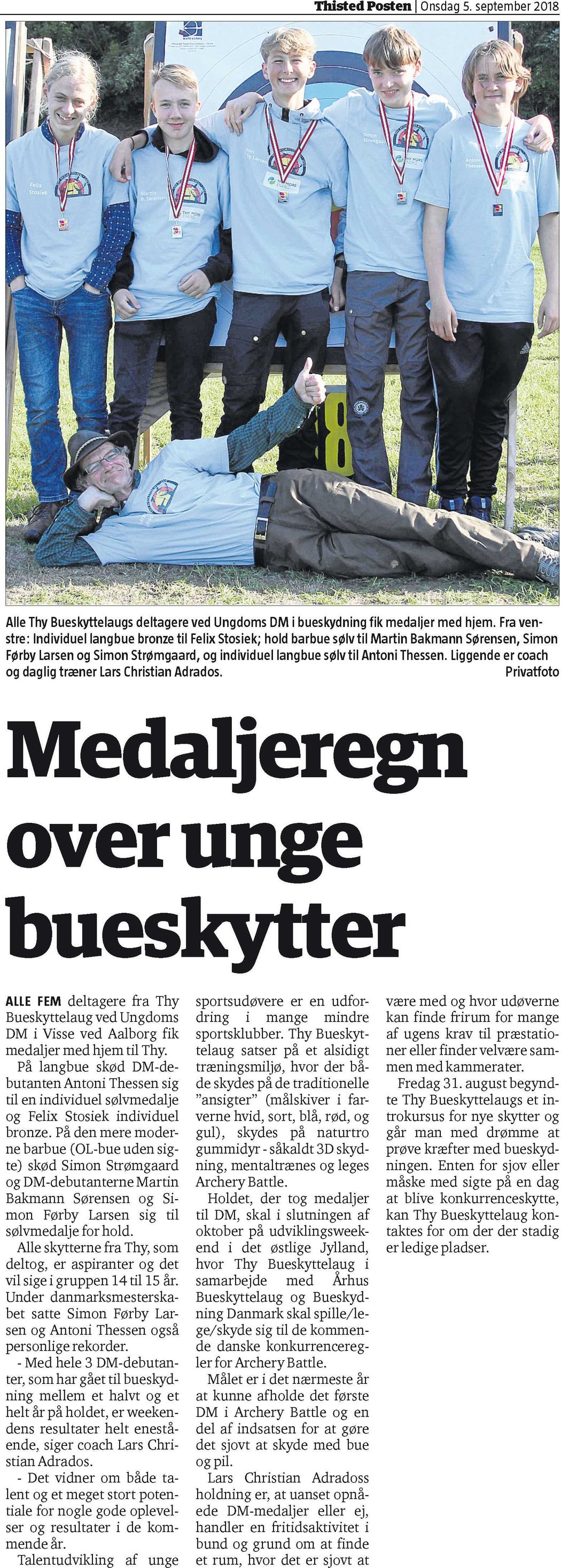 Medaljeregn over unge bueskytter fra Thy Bueskyttelaug – Thisted Posten d. 5/9-2018